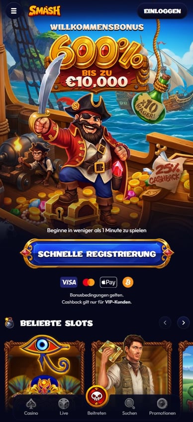 Förhandsgranskning av Smash Casino affiliate-landningssida